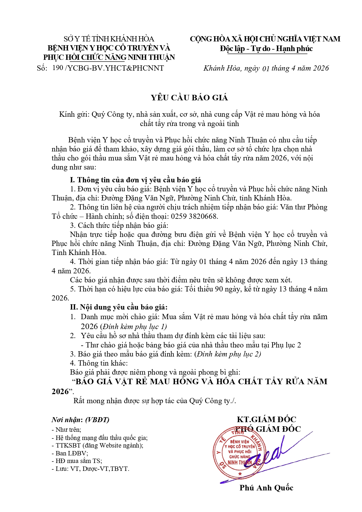 BỆNH VIỆN Y HỌC CỔ TRUYỀN VÀ PHỤC HỒI CHỨC NĂNG NINH THUẬN YÊU CẦU BÁO GIÁ